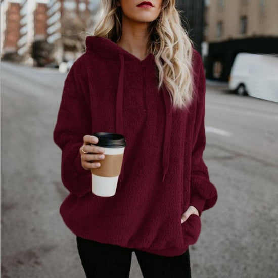 Manteau ample à capuche en peluche pour femme, à manches classiques