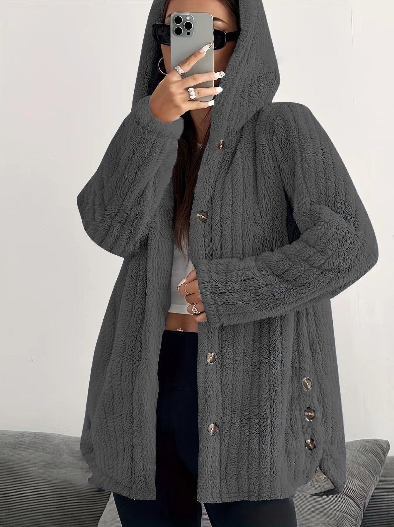  Hooded Loose Plush Coat