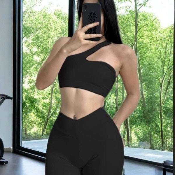 Soutien-gorge fitness asymétrique une épaule, slim fit, respirant pour yoga et fitness.